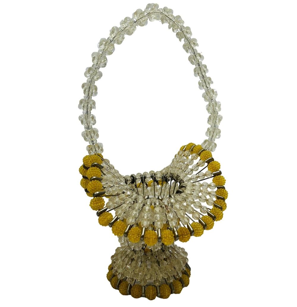 Vintage Handmade Beaded Safety Pin Basket Mid Century Yellow Silver 12" tall
